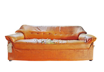 Old furniture, orange chofa, the front corner is torn
