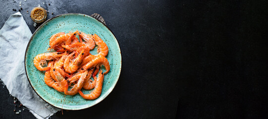 shrimp seafood cooked prawn ready to eat serving healthy meal snack top view copy space for text food background rustic