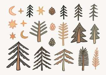 Graphic collection of spruces and stars in doodle style. Sticker set with forest tree illustrations isolated on light background