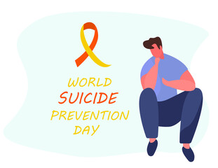 World Suicide Prevention Day. September 10 International Day.Sad Man with Yellow Ribbon.The guy is Depressed or Crying.Flat Vector Illustration
