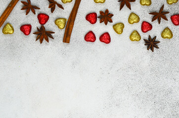 holiday background of colorful decorations in the form of hearts top view for copy space text or design