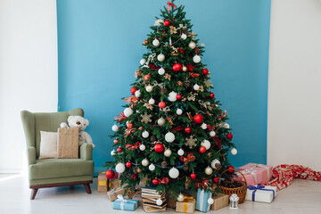 New Year's Interior Christmas Tree with holiday postcard decor gifts