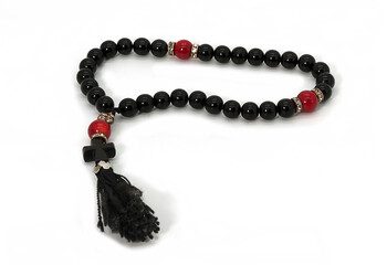 rosary with cross on white background