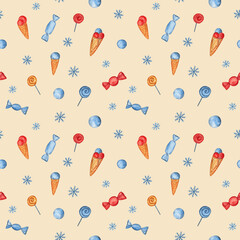 Christmas seamless pattern with ice cream cones, lollipops, candies, snowflakes and snowballs on a yellow-beige background. Watercolor hand-drawn elements. Cute design for kids' projects, gift wrap.