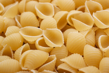 Italian pasta Conchiglie shaped in form of seashells. Detailed macro photo.