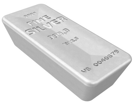 The highest standard silver bar as a gift. One ingot of 999.9 Fine Silver bar isolated on white background. 3D illustration