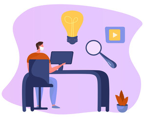 Office Worker in Office Working during Quarantine.Concept about Teamwork with Worker.Sitting at Desk in Medical Mask.Construction Business Project.Watching Video or Online Webinar.Vector Illustration