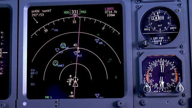 Aircraft instrument panel. Flight instruments panel of a modern airliner at 38000 feet.