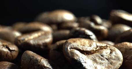 Dark Coffee Beans in Black background in soft studio lighting. Concept premium coffee bean for process best coffee. Close-up dolly shot.