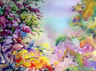 Naklejka na ściany i meble Abstract bright colored decorative background . Floral pattern handmade . Beautiful tender romantic flowers in the garden, made in the technique of watercolors from nature.