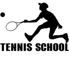 Logo for the tennis school. Black silhouette of a tennis player on a white background isolated.