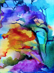 Watercolor colorful bright textured abstract background handmade . Mediterranean landscape . Painting of the park in autumn , made in the technique of watercolors from nature