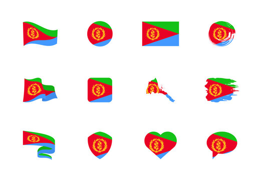 Eritrea flag - flat collection. Flags of different shaped twelve flat icons.