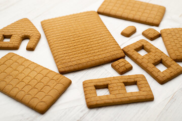 Parts for a gingerbread house. Preparing for the new year, christmas.