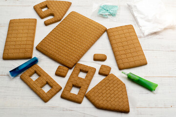Parts for a gingerbread house. Preparing for the new year, christmas.