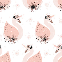 Cute pink swans with flowers.