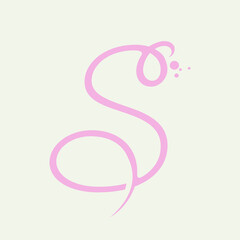Letter S logo.Calligraphic lettering with decorative bubbles.Vector icon lettering.Romantic, wedding style letter s in pink color isolated on light background.