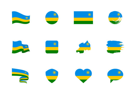 Rwanda flag - flat collection. Flags of different shaped twelve flat icons.