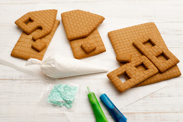 Parts for a gingerbread house. Preparing for the new year, christmas.