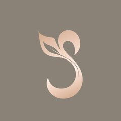 Fototapeta premium Letter S logo leaf.Nature elements typographic icon.Alphabet initial for beauty, health care, spa, eco lifestyle brand.Elegant lettering sign.Golden shape isolated on light brown background.