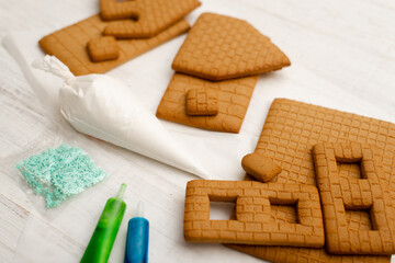 Parts for a gingerbread house. Preparing for the new year, christmas.