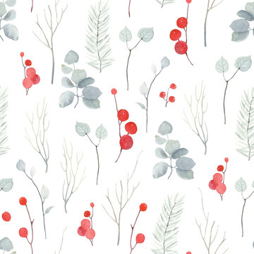 Christmas watercolor floral pattern with winter branches and red berries. Seamless print on white background in pastel colors and vintage style.