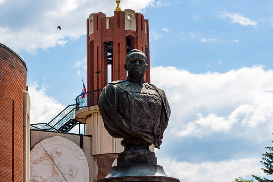 Zhukov, Russia - June 2020: Monument to Soviet Marshal G.K. Zhukov near the museum in the city of Zhukov (formerly Ugodsky Zavod)