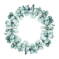 Watercolor hand drawn eucalyptus wreath. Round hand painted eucalyptus leaves and branches exotic frame isolated on white background. For design