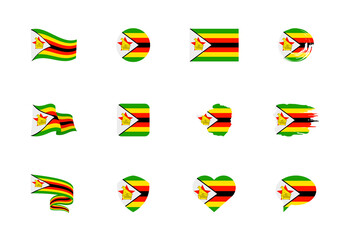 Zimbabwe flag - flat collection. Flags of different shaped twelve flat icons.