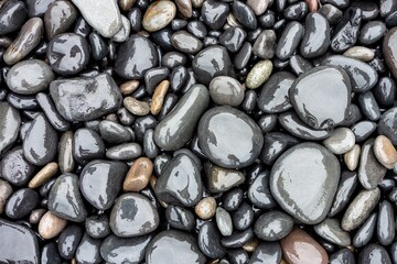 Lot of round grey wet stones on a pebble beach with reflection