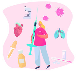 Nurse Holding Syringe Coronavirus Vaccine.Concept of Prevention of the Spread of Coronavirus.Medic Holding Syringe,Microscope,Vaccine Injection, Virus Background.Flat Vector Illustration
