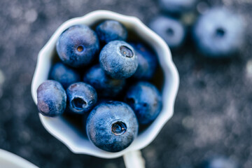 Délicieuses myrtilles cueillies dans le jardin dans un pot en céramique blanc