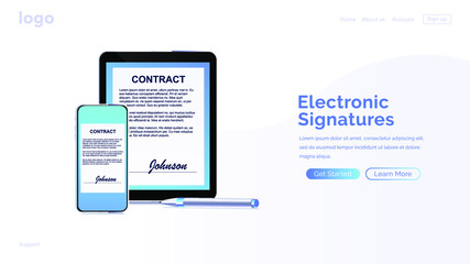 Electronic contract or digital signature concept in vector illustration. Signing an electronic contract online by phone, pad. Website template or web page layout.