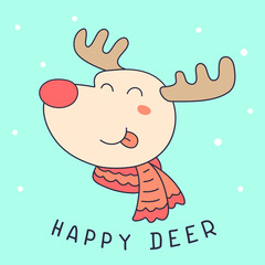 Vector illustration of cute head of happy deer with scarf