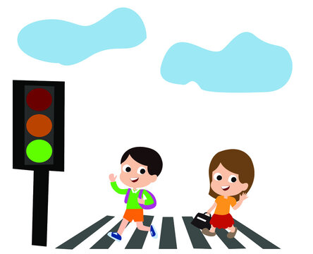Flat design school children crossing the road at a green light