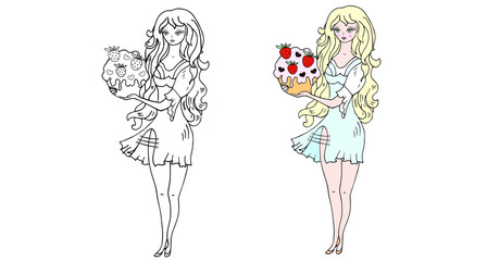 A girl with long hair, with cake, strawberries. Vector illustration. Coloring book, print, stamp.