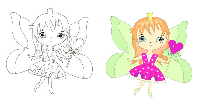Sweet little girl, elf, fairy. Vector illustration for coloring book.