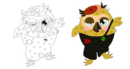 Cute owl in a cap and pants. Vector illustration for children's coloring page, print, stamp.