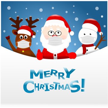 Santa Claus, a reindeer and a snowman in protective masks, Christmas card template