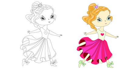 Girl in a red dress, princess. Vector illustration, linear drawing, coloring book.