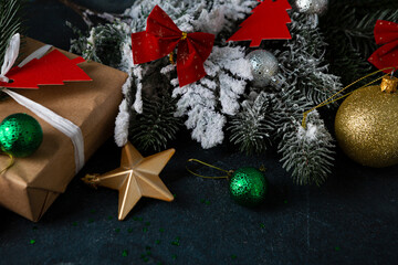 Close up of Christmas decoration, baubles, branches, holiday concept