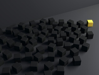 Abstract black cubes design background; dark cubes on floor with single yellow as a leader; chaotic blocks; leadership concept; 3d rendering, 3d illustration