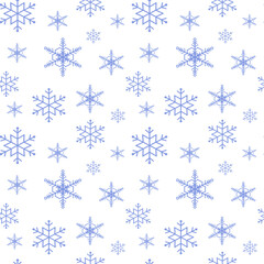Cute seamless pattern of snowflakes. New Year celebration. Merry Christmas. Blue snowflakes on a white background. Vector isolated.