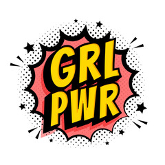 GRL PWR sign. Comic speech bubble with emotional text Girl Power and stars. Vector bright dynamic cartoon illustration isolate on blue background