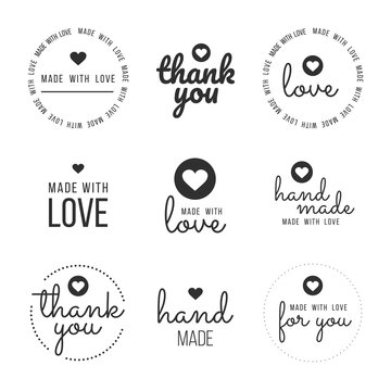 Set labels and bages for sellers including ''thank you'', ''handmade'', ''made with love'' and ''for you'' labels. Vector illustration