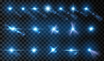Set of lens flare. Light glow effect. Blue sparkle and glare object. Isolated vector illustration on transparent background.