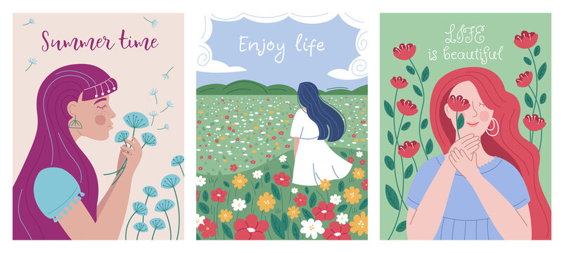 Set of floral posters with beautiful women.