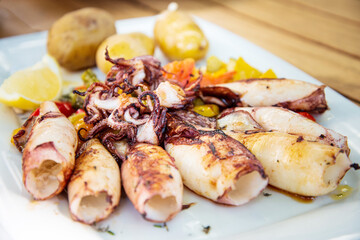 Delicious grilled whole squid with tomatoes, cucumber slices, Beetroots pieces and green dandelions served in white plate for a healthy Mediterranean meal