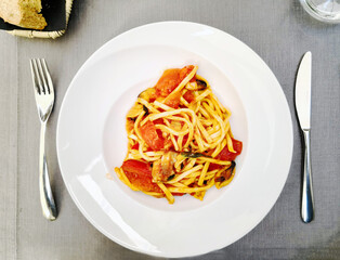 Tasty pasta, Italian tomato sauce pasta on the table