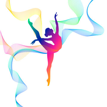 Rhythmic gymnastics. Vector silhouette of girl with multicolored lines